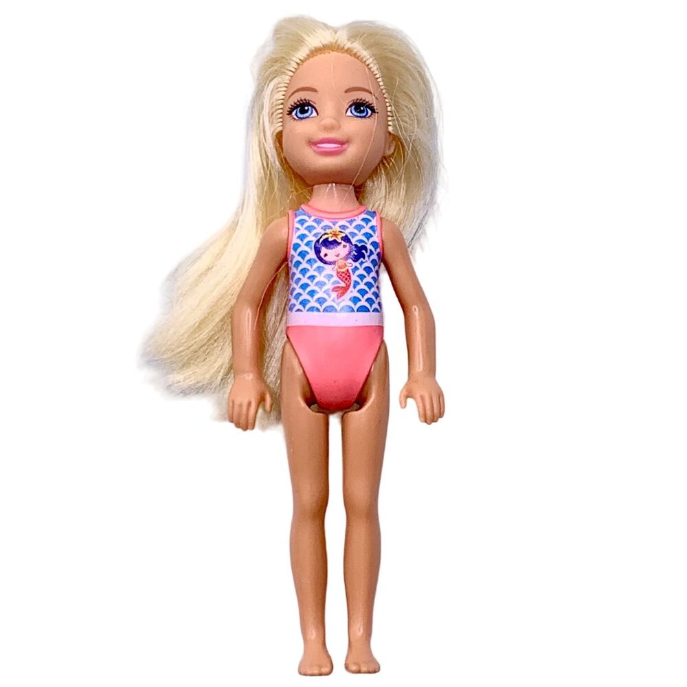 Mattel Chelsea 2016 Blonde Doll Mermaid Swimsuit 5.5" Logo Barbie Beach Club